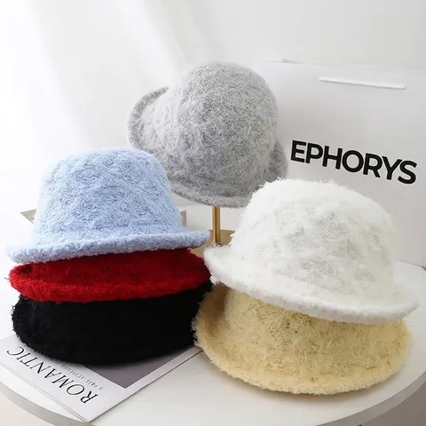 Gorro De Pescador Para Mujer Invierno Lana De Cordero Sintética Cálido Felpa Bucket Hat Color Sólido Plegable