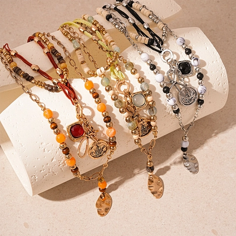 Collar Multicapa Bohemio Cadenas De Aleación Cuentas De Madera Artificial Piedra Sintética Colgantes Geométricos Vintage Estilo Étnico Mujeres