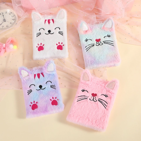 Carnet De Notes Chat En Peluche Couverture En Fausse Fourrure Douce Journal Brodé Pour Filles Fournitures Scolaires Rose Arc En Ciel