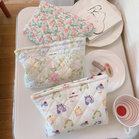 Bolsa De Cosméticos De Algodón Acolchado Floral Neceser De Maquillaje Acolchado Con Cremallera Organizador De Viaje