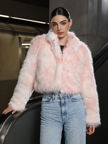 Damen Kunstpelz Jacke Rosa Kurz Stehkragen Reißverschluss Lässig Herbst Winter Weich Plüsch Mode Oberbekleidung