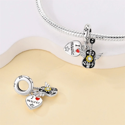 Tema Musical Charms Colgantes Plateado Esmalte Zircón Para Pulsera DIY Collar Guitarra Auriculares Piano Saxofón Estilo
