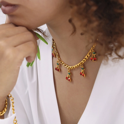 Gioielli Ciliegia Collana E Bracciale Acciaio Inossidabile Dorato Cristallo Vetro Rosso Pendente Frutta Per Donna Moda