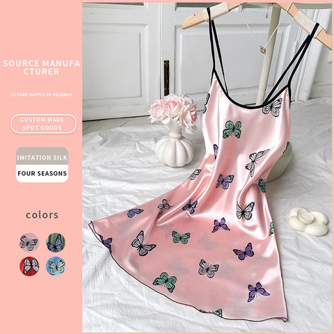 Camisón De Estampado De Mariposas Para Mujer Satén Imitación Tirantes Finos Espalda Descubierta Ropa De Dormir Verano