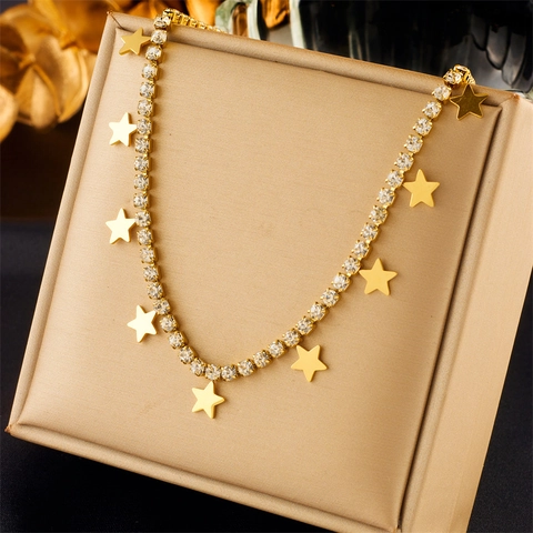 Collar Con Colgantes De Estrella De Acero Inoxidable Cadena De Tenis Con Strass Joyería Elegante Para Mujer