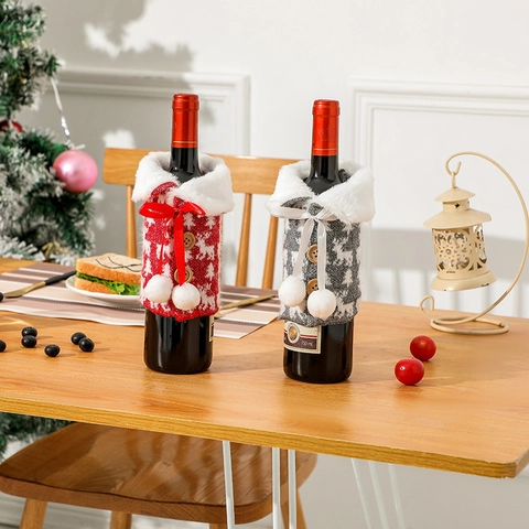 Weihnachts Weinflaschenhülle Gestricktes Rentier Kunstfell Holzknöpfe Feiertagstischdeko Acryl Geschenk Partyzubehör