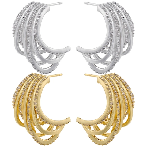 Retro Meerlaagse Holle C-Vorm Koperen Hoop Oorbellen Voor Dames Met Pavé Cubic Zirconia Vintage Stijl Sieraden