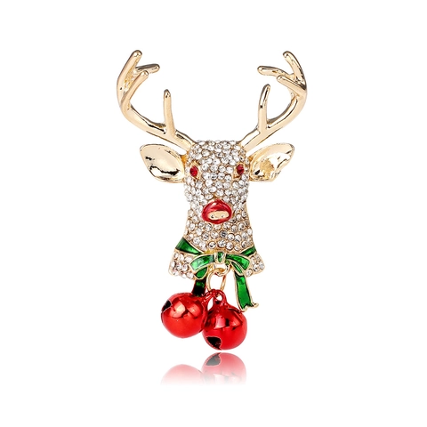 Broche De Reno De Navidad Aleación Estrás Esmalte Con Campanas Rojas Alfiler Animal Vintage Joyería Para Mujer
