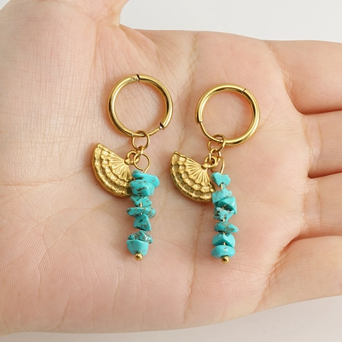Pendientes De Aro Bohemios Con Dije De Abanico Acero Inoxidable Chapado En Oro 18K Piedra Turquesa Azul