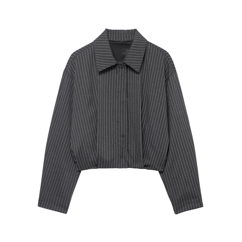 Women Pinstripe Cropped Jacket And Wide Leg Pants Dark Grey Long Sleeve Lapel High Waist Polyester Casual Streetwear Office