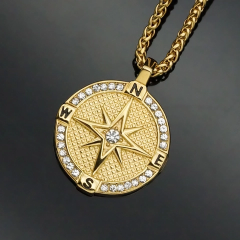 Hip Hop Stainless Steel Compass Pendant For Men Women Round Gold Plated Rhinestone Star Compass Personalized Jewelry Gift