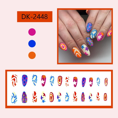 Glossy Long Almond Press On Nails Plastic Embossed Star Stripe Patterns Artificial False Fingernails For Women