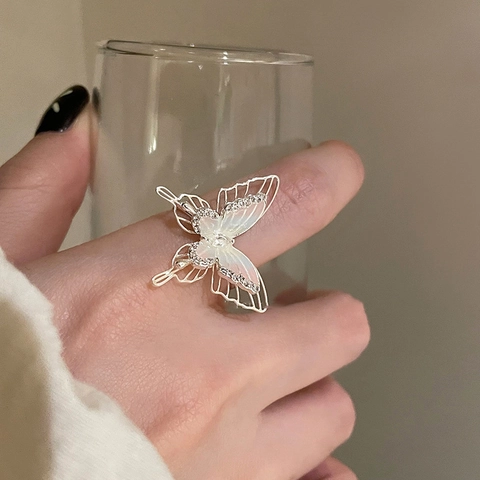 Butterfly Ring Zircon Copper Mother Of Artificial Pearl Texture Open Adjustable Hollow Fairy Sweet Style Jewelry For Women