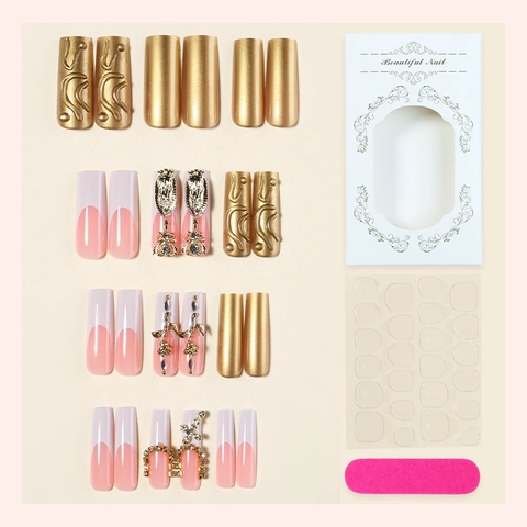 Extra Lange Press On Nails Gold Französische Spitze Luxus 3D Relief Strass Handgefertigte Künstliche Nägel Profi Maniküre