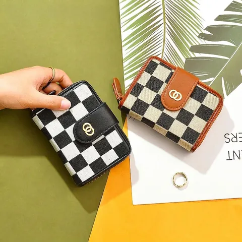 Women Short Wallet Checkered Canvas PU Leather Patchwork Bifold Multi Card Holder Coin Purse Vintage
