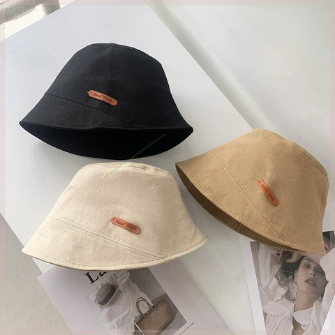 Sombrero de Pescador de Algodón para Mujer Color Sólido Protección Solar Con Etiqueta de Cuero Hecha a Mano Estilo Japonés