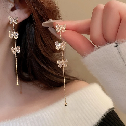 Zirkon Schmetterling Quaste Hängeohrringe Kupfer Elegant Süß Schmuck Für Frauen Mit Silver Earring Post
