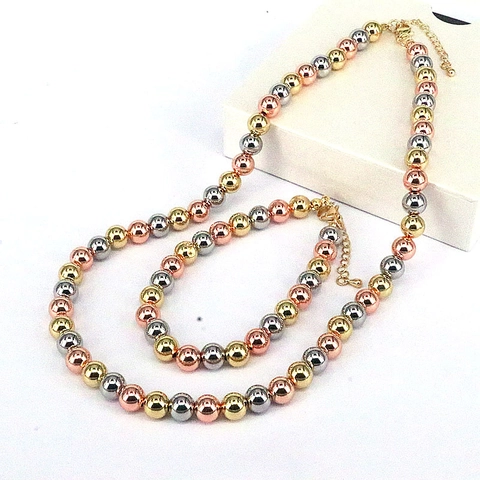 Collar Y Pulsera De Cuentas Redondas En Tres Tonos Cobre Chapado En Oro Plata Oro Rosa Joyería Minimalista Mujer