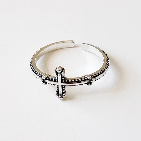 Vintage Ring Aus 925 Sterlingsilber Kreuz Thai Silber Stil Oxidiert Offen Verstellbar Statement Schmuck Damen Herren
