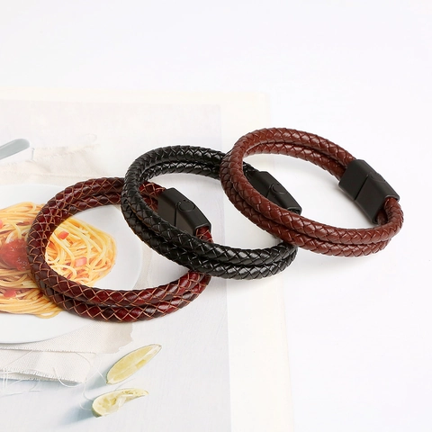 Vintage Double Layer Braided Genuine Leather Bracelet For Men With Alloy Magnetic Clasp Geometric Retro Style