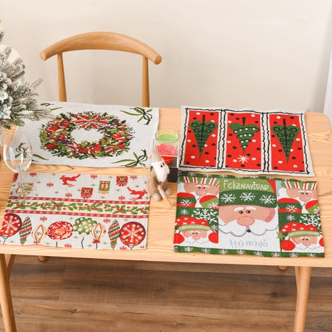Christmas Placemats Knitted Fabric Table Mats Santa Claus Reindeer Tree Garland Patterns Holiday Dining Decor Rectangular