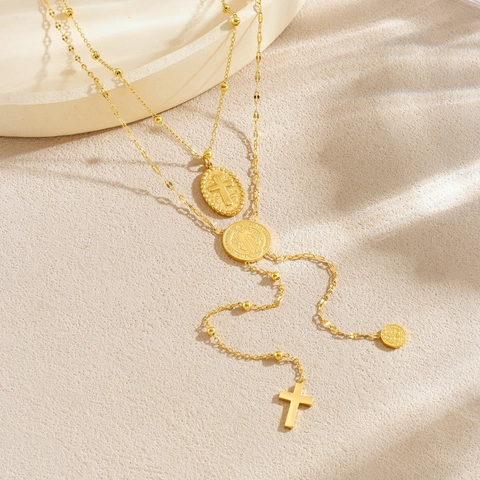 Collana Croce Multi Strato Acciaio Inossidabile Placcato Oro Forma Y Catena Clavicola Vintage Ciondolo Moneta Ritratto Donna