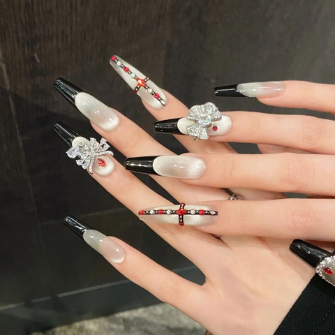Schwarz French Cat Eye Press On Nails Lange Sargform Handgefertigt Straßstein Bogen Kreuz Gothic Dunkler Stil Luxus