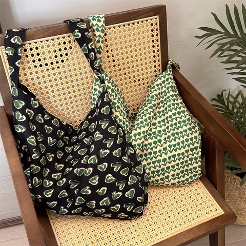 Sac Fourre-Tout En Toile De Coton À Imprimé Fleuri Cœur Grande Capacité Sac À Bandoulière Style Coréen Rétro
