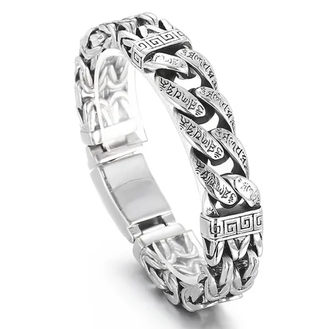 Vintage 316L Stainless Steel Men Chain Bracelet Buddhist Mantra Engraved Retro Silver Color Punk Religious Style