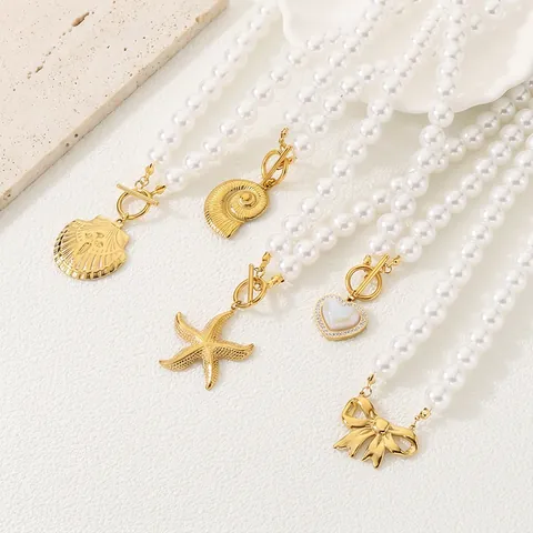Künstliche Perlenkette Mit Edelstahl Muschel Seestern Herz Bogen Anhänger T Bar Knebelverschluss Eleganter Schmuck Für Damen