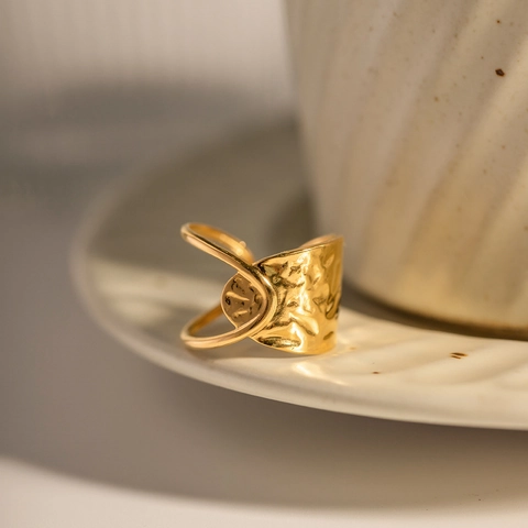 Irregular Geometric Hollow Open Ring Stainless Steel Hammered Texture Adjustable Gold Plated Fashion Jewelry For Women