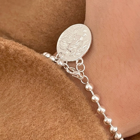 Bracciale A Catena Di Perline In Argento Sterling 925 Con Ciondolo A Moneta In Rilievo Retro Per Donna Design Semplice