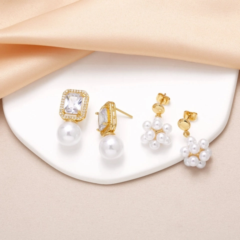 18K Gold Plated Copper Zirconia Pearl Earrings For Women Elegant Square Zirconia Pearl Drop Earrings Cluster Pearl Stud Earrings Jewelry