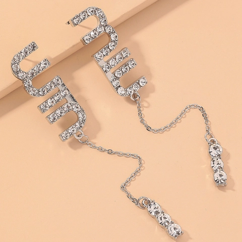 Lange Kwastje Oorbellen Legering Glinsterende Rijnsteen Letter Ontwerp Met 925 Sterling Zilveren Oorknopje Mode Vrouwen