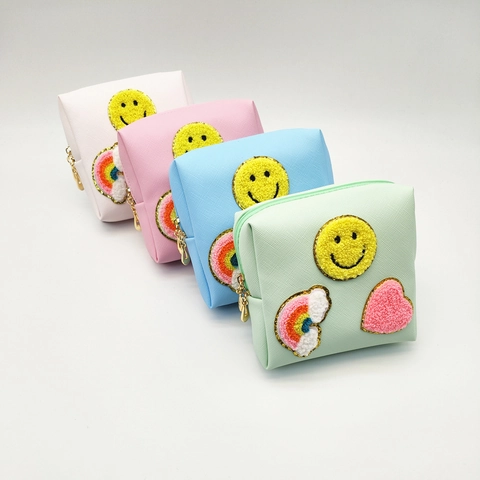 Square Cosmetic Bag PU Leather Chenille Patch Smile Rainbow Heart Makeup Pouch Travel Organizer Portable Zipper Storage