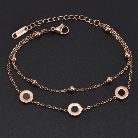 Women Double Layer Bead Chain Bracelet Stainless Steel Roman Numerals Round Pendants Fashion Jewelry Rose Gold Gold