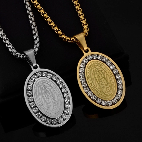 Collier Pendentif Notre Dame De Guadalupe En Acier Inoxydable Strass Religieux Ovale Bijoux Vintage Pour Femmes Et Hommes