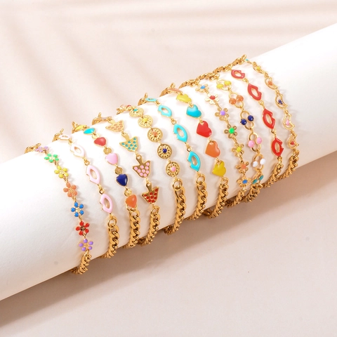 Stainless Steel Gold Plated Bracelet For Women Cute Colorful Enamel Heart Lips Flower Mushroom Charms Adjustable Chain Jewelry