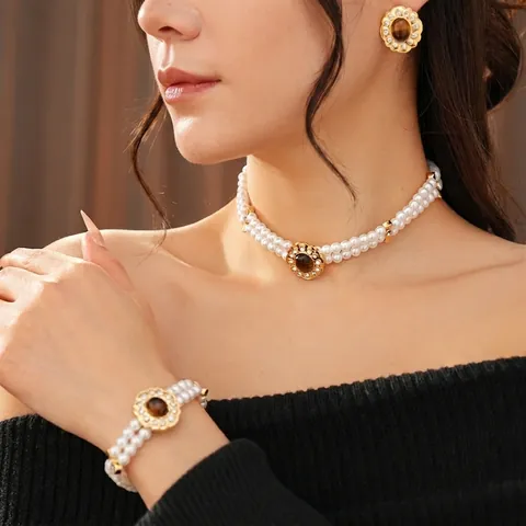 Vintage Artificial Pearl Jewelry With Tiger Eye Flower Alloy Rhinestone Necklace Bracelet And Earrings With Silver Earring Post