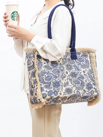 Bohemian Canvas Tote Bag Large Capacity Fringe Tassel Shoulder Handbag Retro Paisley Print For Women