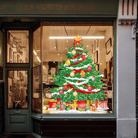 Christmas Tree Window Static Stickers PVC Double Sided Color No Glue Cling Glass Shop Window Decoration Reusable Festive