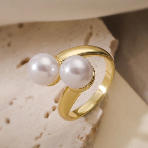 Double Artificial Pearl Open Ring Copper 18K Gold Plated Geometric Adjustable Elegant Jewelry For Women Minimalist