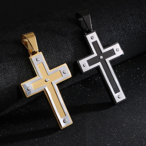 Cross Pendant Necklace Stainless Steel Bicolor Gold Silver Screw Decor Hiphop Industrial Retro Style Jewelry For Men