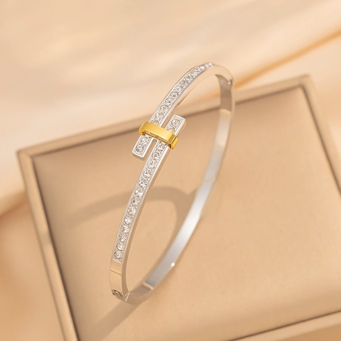 Stainless Steel Bangle Intertwined Bi-Color Full Rhinestone Cross Design Elegant Fashion Jewelry For Women