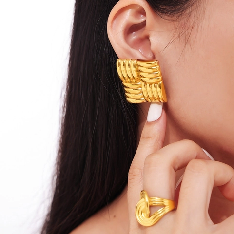Vintage Stainless Steel Square Woven Texture Stud Earrings For Women Geometric Gold Silver Plated Fashion Jewelry Accessories