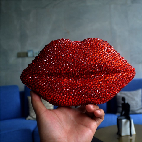 Pochette De Soirée En Forme De Lèvres Strass Acrylique Luxe Fête Mariage Sac À Main Étincelant Avec Chaîne