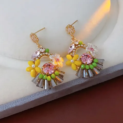 Orecchini Pendenti Fiore Vintage Lega Strass Zircone Cristallo Vetro Colorato Perno Argento Gioielli Donne