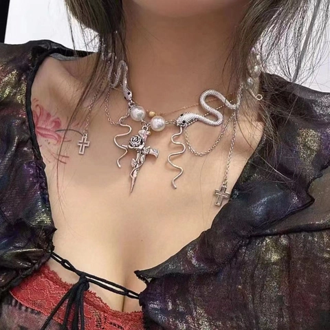 Gothic Schlange Kreuz Quaste Gespleißte Künstliche Perle Halskette Für Damen Vintage Silber Legierung Choker Punk Schmuck Geschenk