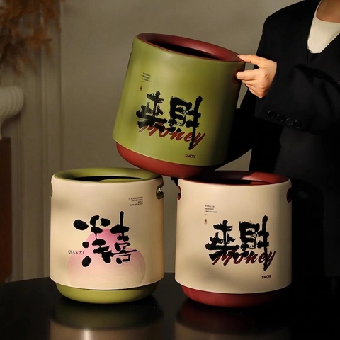 Decorative Trash Can Round Double Layer Thick Plastic Portable Large Capacity New Chinese Style Calligraphy For Living Room