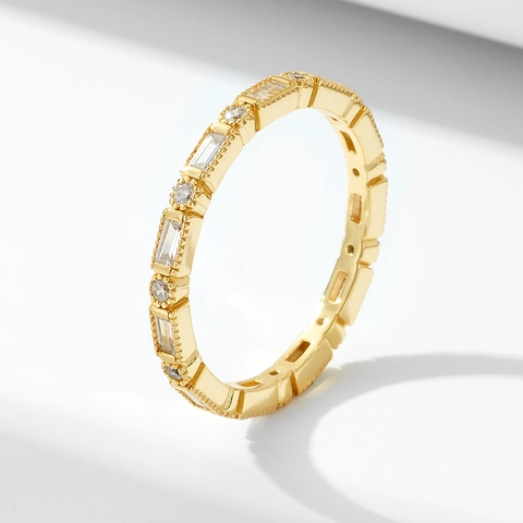 Geometric 925 Sterling Silver Ring Minimalist Alternating Round And Baguette Cubic Zirconia Stackable Jewelry For Women